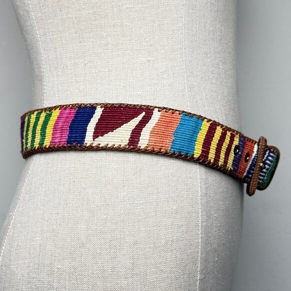 Vintage 90s Woven Rainbow Belt Leather Trim Guatemala Boho Festival Multi Color main image 7